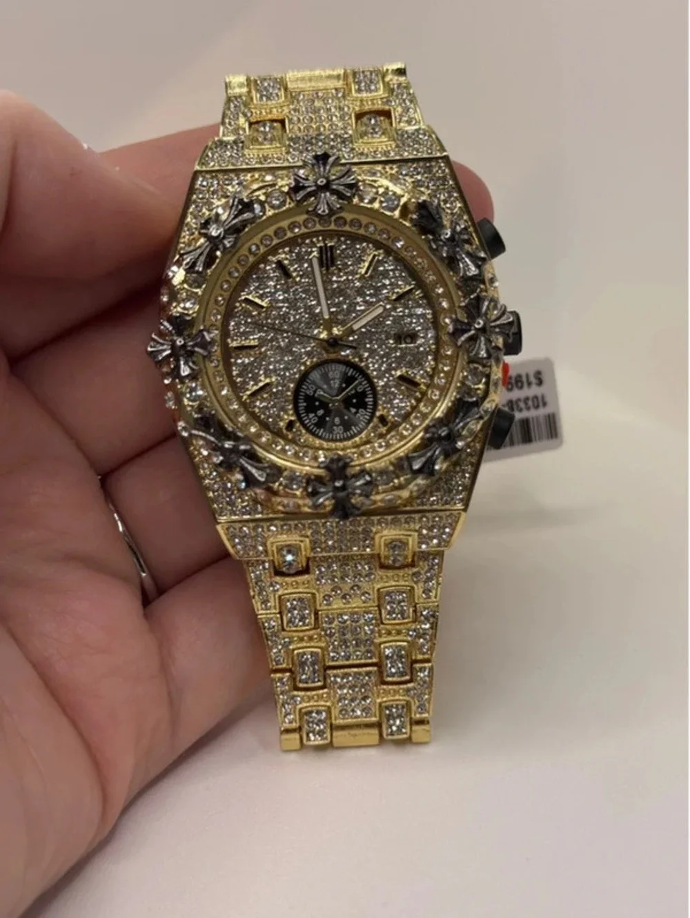 A1 Certified stainless steel wristwatch, gold tone, cz